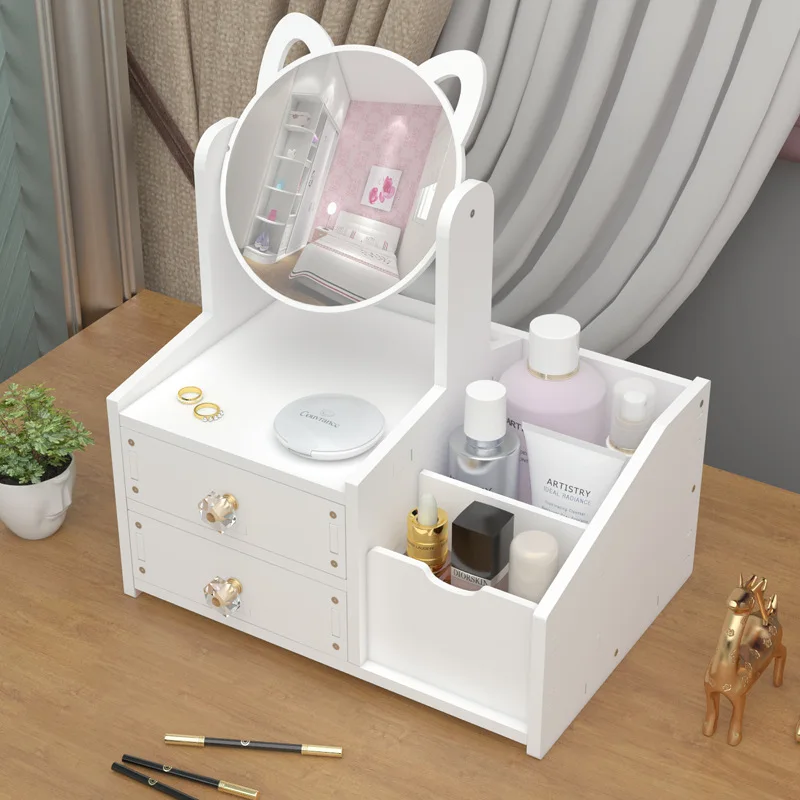 

Cat Ears Makeup Mirror Desktop Cosmetics Organizer Wood Plastic Drawer Type Cosmetic Storage Box Women's Dressing Mirror Shelf