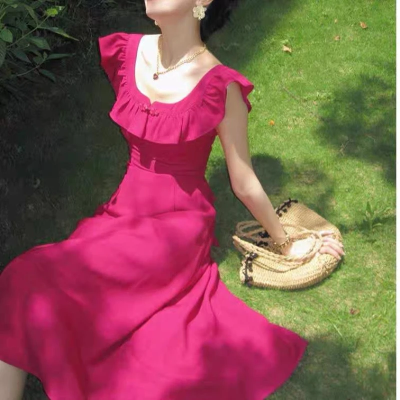 

Женское винтажное длинное платье, Элегантное повседневное пляжное платье во французском стиле с фланцевыми рукавами для отдыха, лето 2024