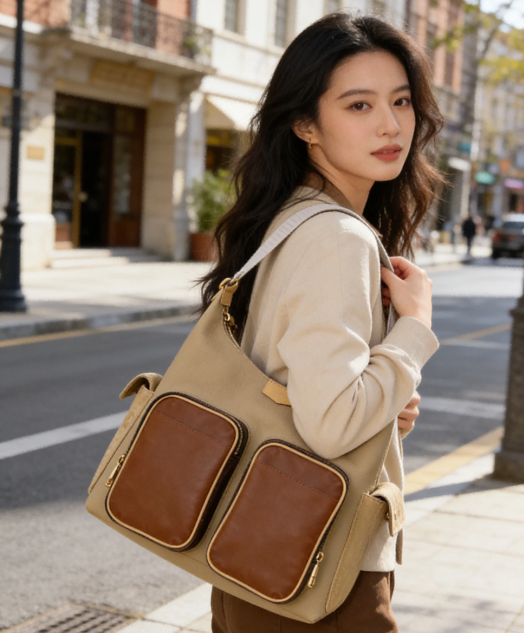 Khaki and Brown Color Block Tote Bag for Women, Large Capacity Shoulder Purse, Vintage Utility Handbag with Dual Pockets