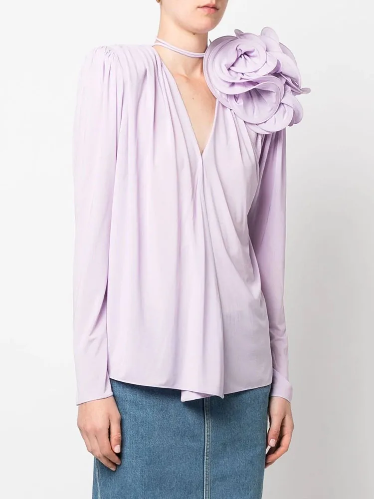 

y2k summer V-neck long-sleeved three-dimensional flowers strapped tops 2023 fashion versatile thin and high Woman clothing