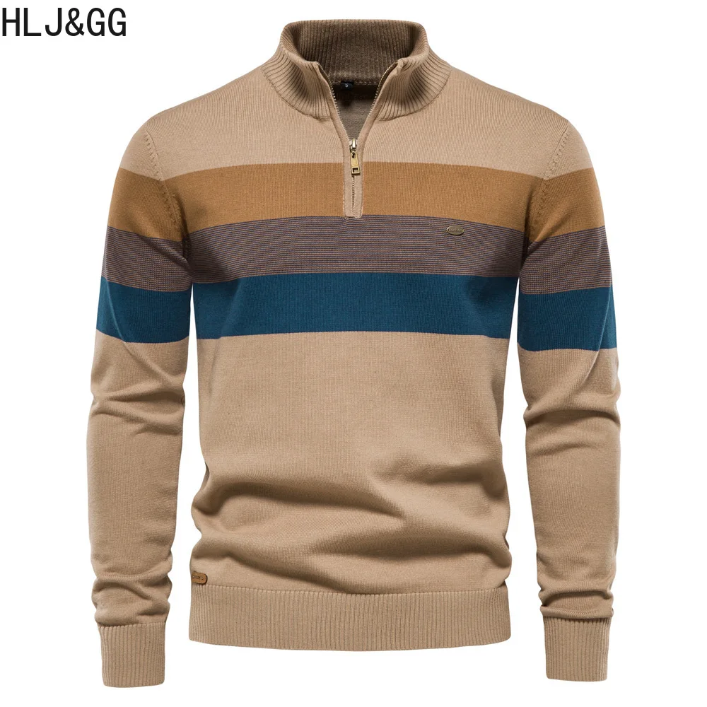 HLJ&GG Fashion Men's Patchwork Pullover Sweater Casual Mans Zipper Mock Neck Sweater Autumn Winter Warm Sweaters for Male New