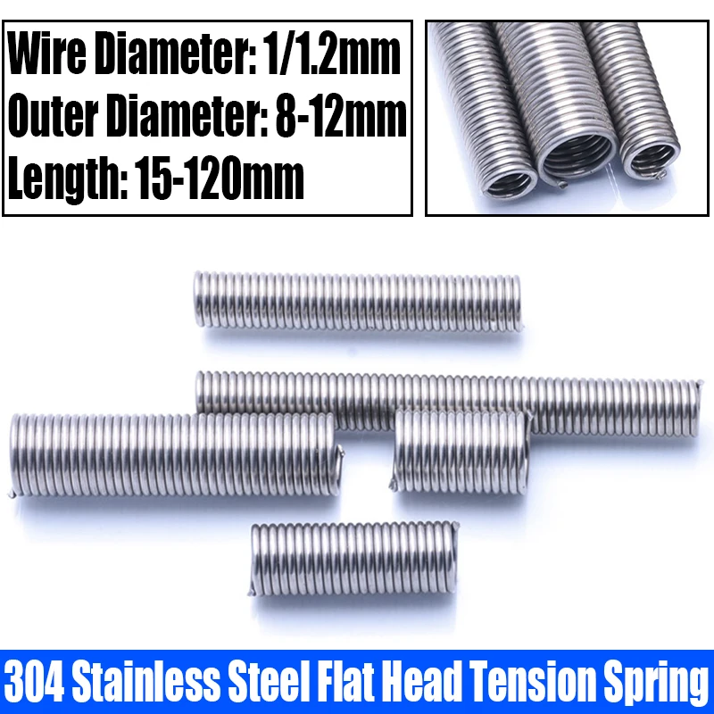 

5PCS 1/1.2mm Wire Dia 304 Stainless Steel Flat Head Tension Spring Without Hook/Loop Extension Spring Pullback Spring L=15-120mm