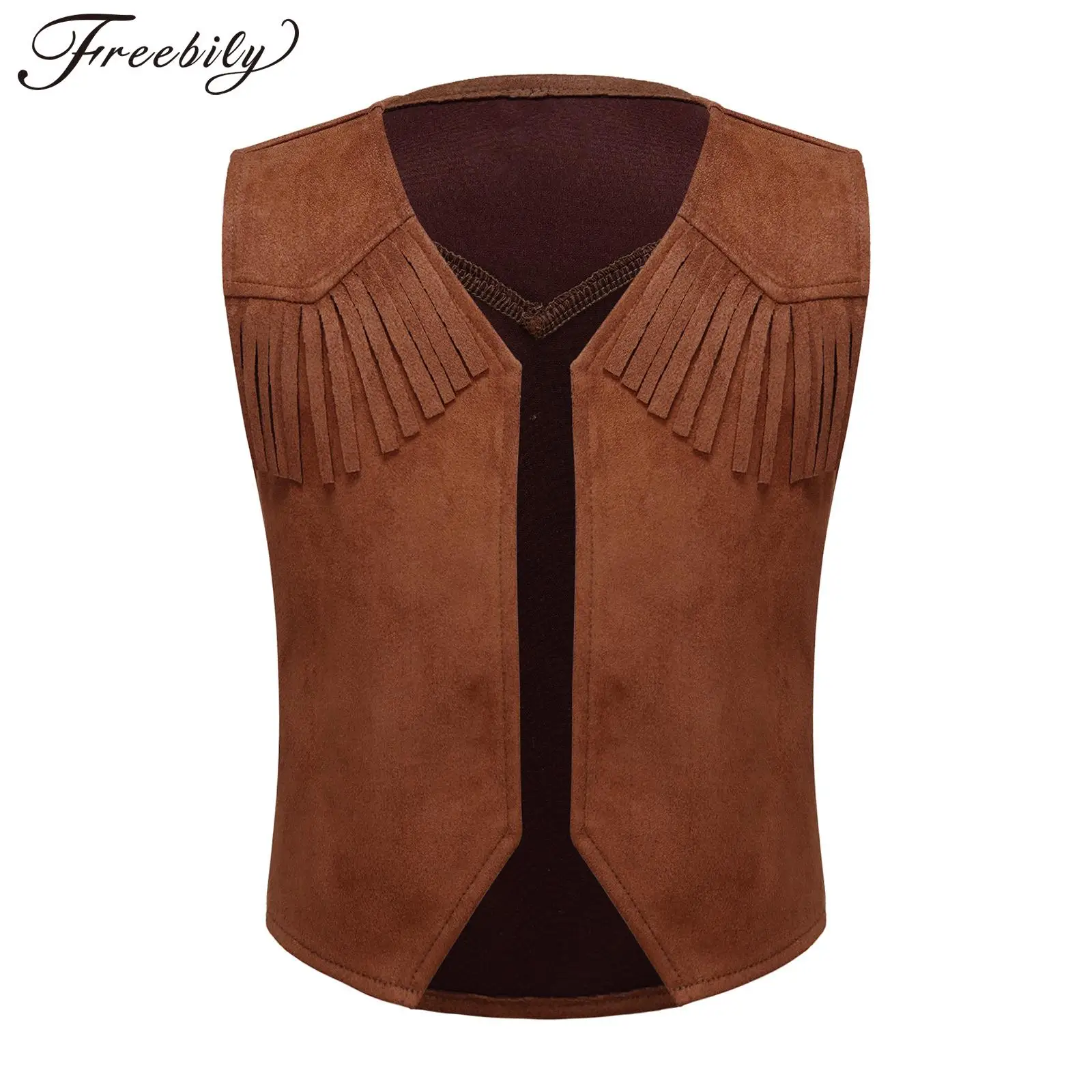 Kids Boys Western Cowboy Costume Halloween Cosplay Vest Pointed Hem Fringe Decor Open Front Vest for Carnival Party Dress Up