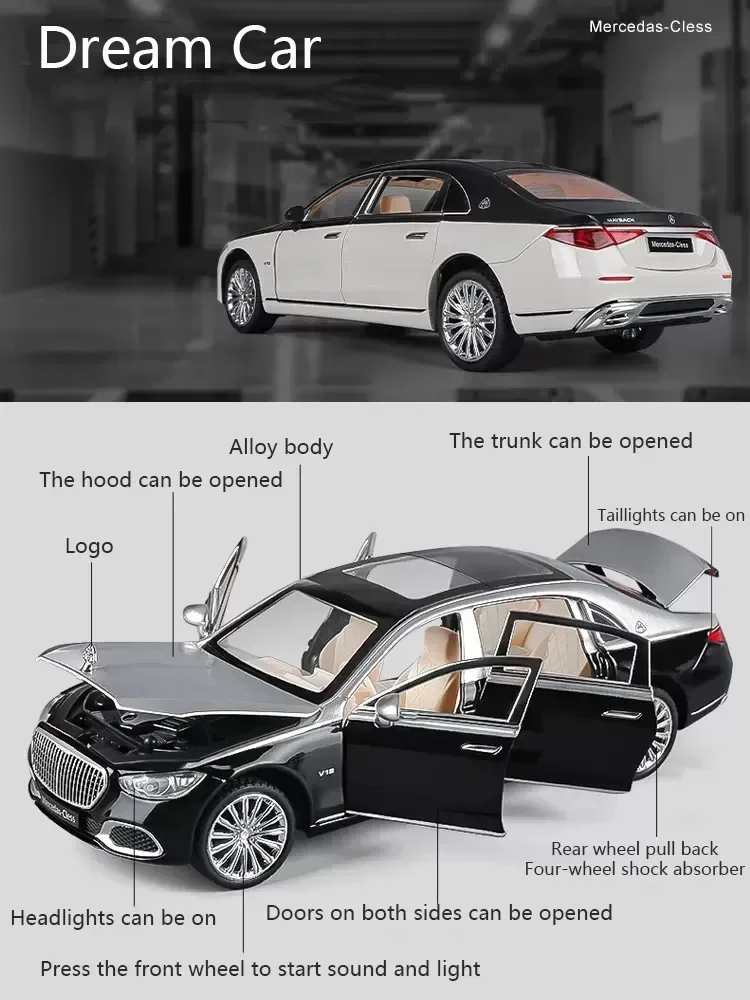 New 1:24 Simulation Benz Maybach S680 Alloy Car Model Sound And Light Pull Back Toy Car Die-Cast Boys Collection Decoration Gift 2
