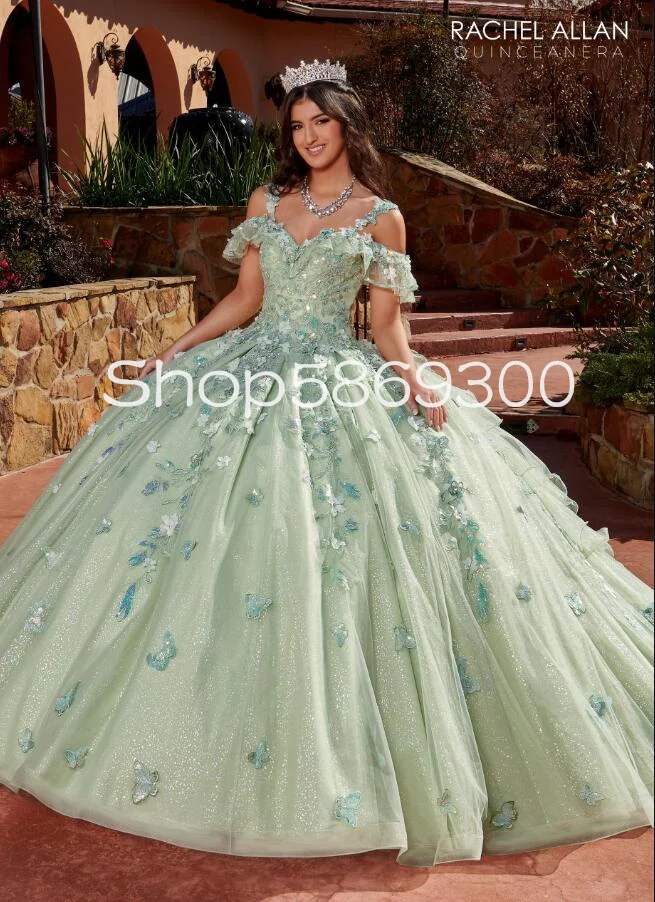 

Mint Green Glitter Tulle Princess Quinceanera Dresses Off Shoulder 3D Butterfly Floral Lace-up Prom vestido de 15 verde