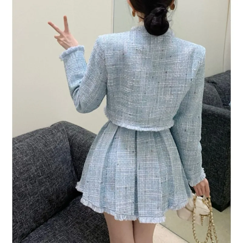High Quality Tassel Design 2-Piece Sets Women Tweed Autumn New Solid Outfits Long Sleeve Short Jacket Coat + Pleated Skirt Suits 4