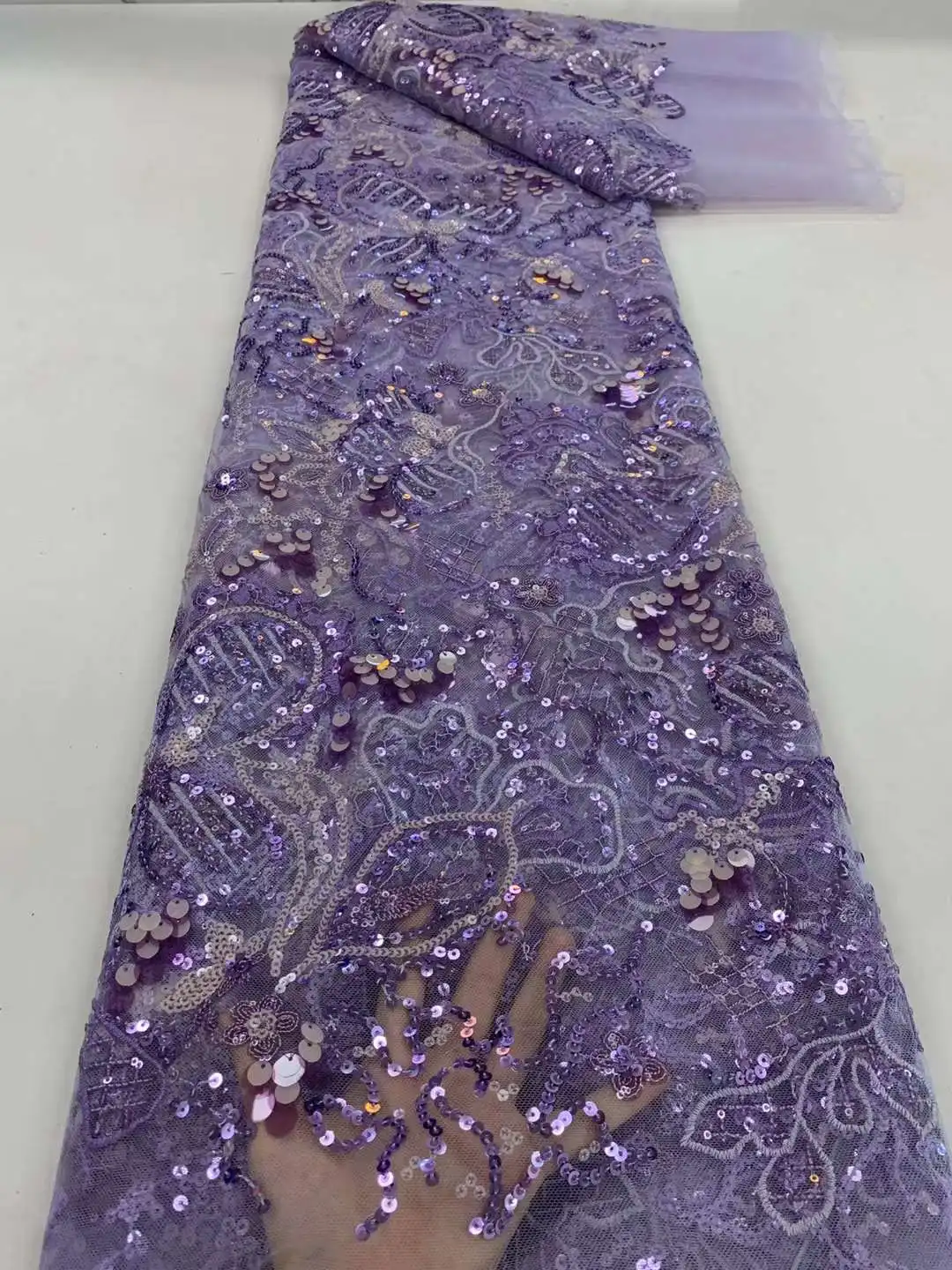 Purple African French Lace Fabric 2024 High Quality New Nigerian Sequins Tulle Lace Fabric For Wedding Party Dress 5 Yards/Lot