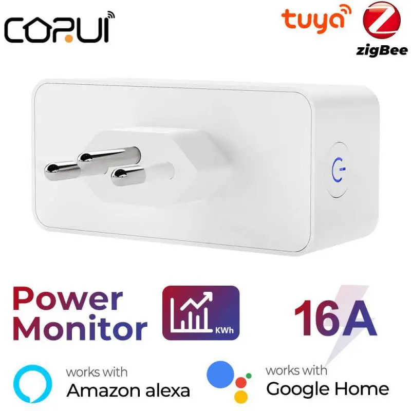 

CORUI Tuya ZigBee Smart Plug 16A Brazil Socket Outlet Adapter Power Monitor Timer Smart Life APP Voice Support Google Home Alexa