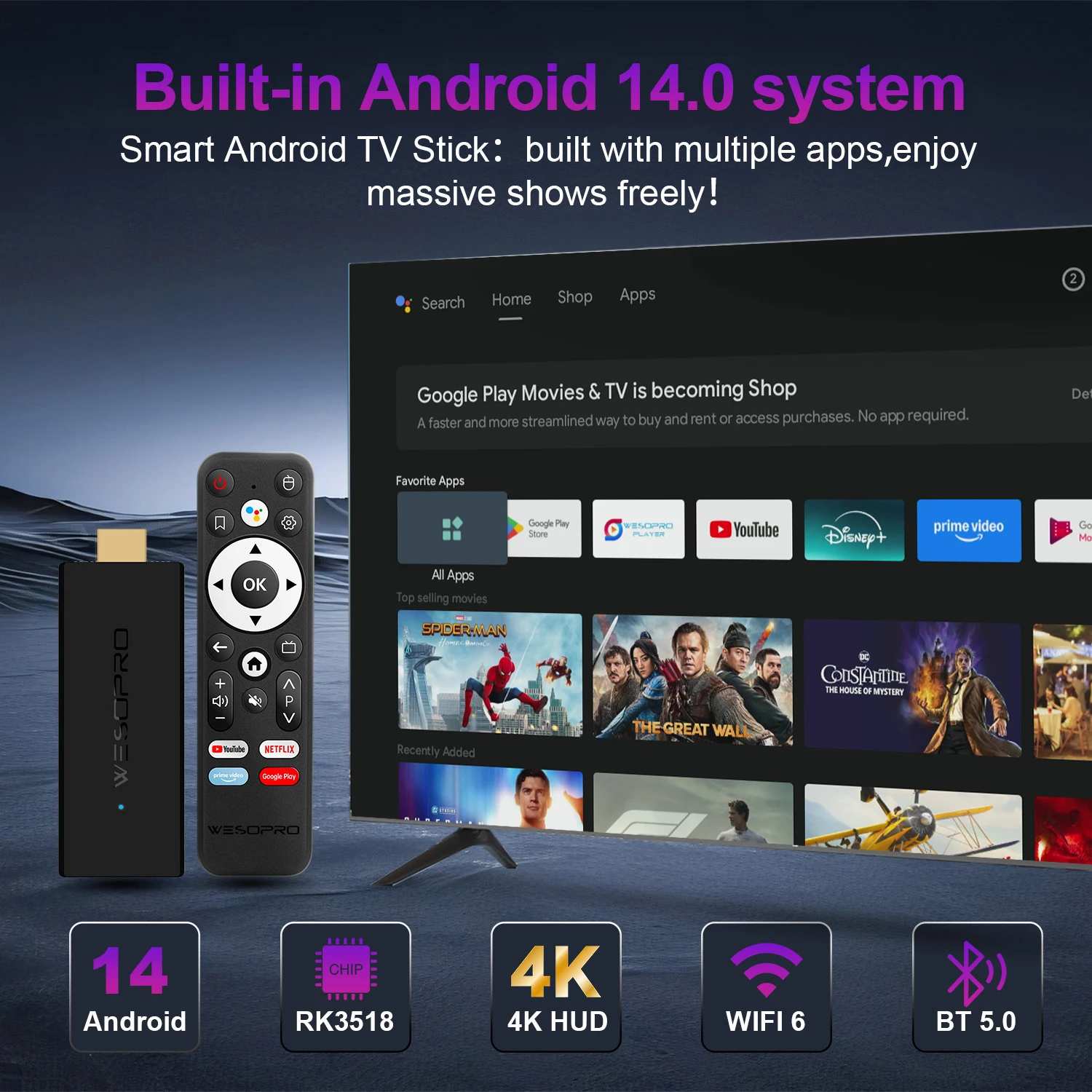S37a38789de6d4e358d440acef20435f1t WESOPRO Android TV Stick G2 MAX IPTV Dongle 4K Streaming Media Player 2GB RAM 16GB ROM Dual-Band Wifi Supports 2.4GHz & 5.0GHz