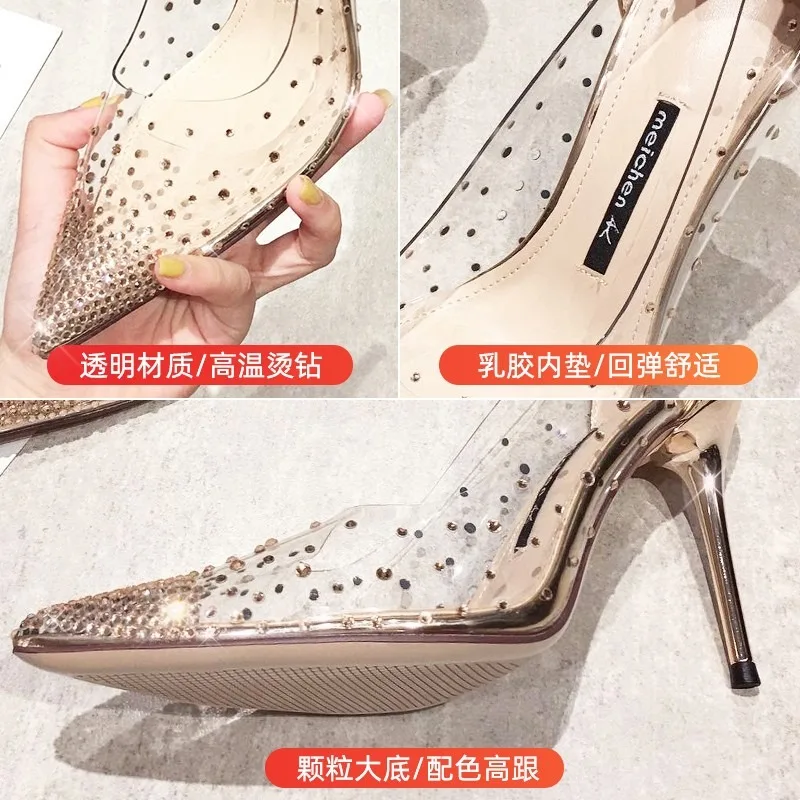 New Luxury Fairy Style Transparent High Heels Thin Heels Pointed Water Diamond Single Shoes Women's Crystal Wedding Shoes 6