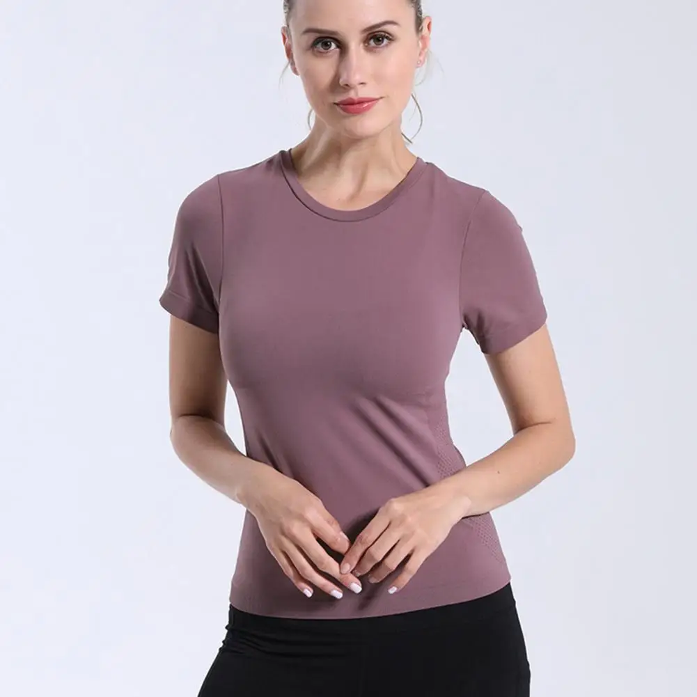 

Women Yoga Top Thin High Elasticity Solid Color O Neck Short Sleeves Seamless Lady Jogging Gym Sport T-shirt Fitness Clothes