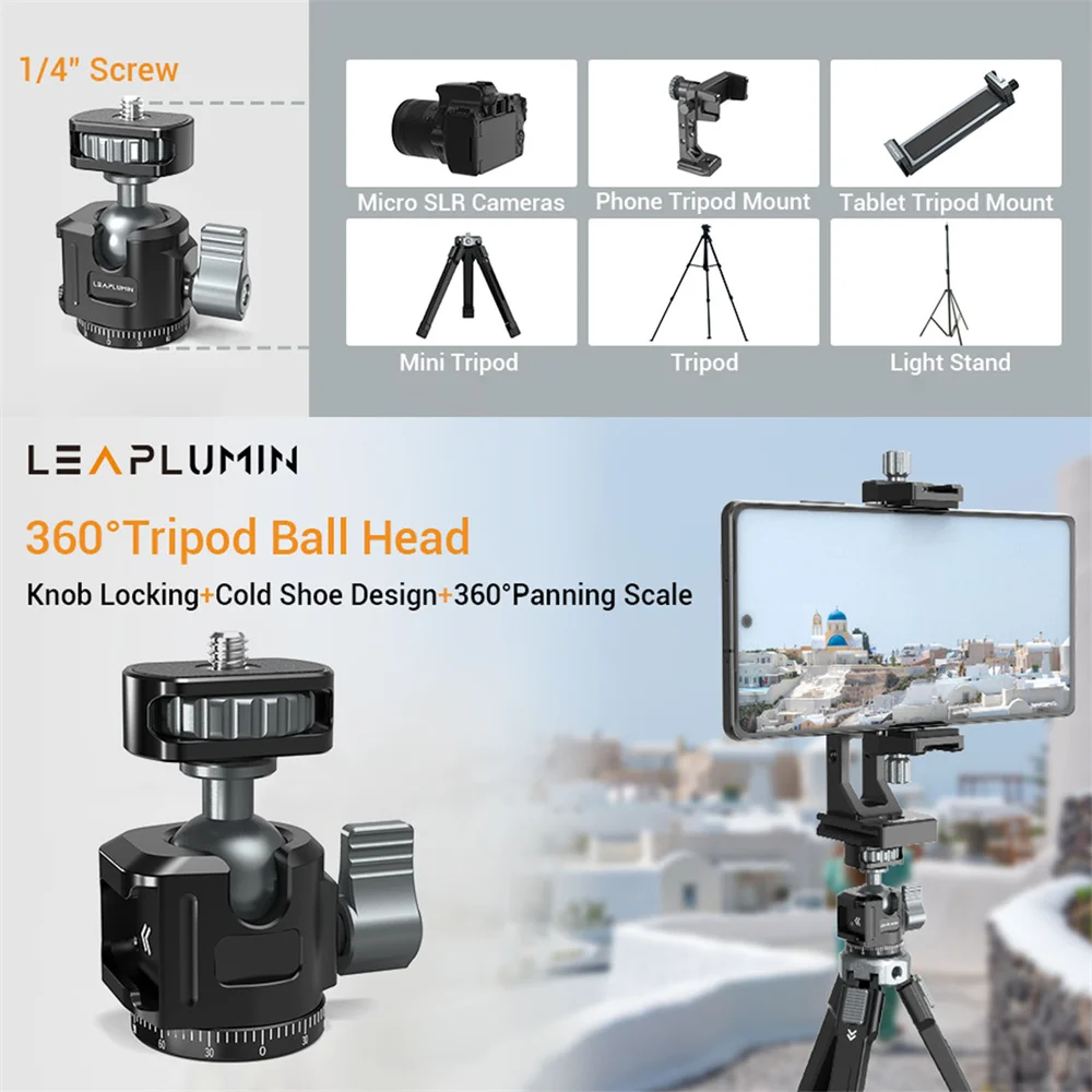 Description Picture 4 of itemAluminum Mini Ball Head Panoramic Tripod Head + Cold Shoe Mount Adapter for DSLR Camera Tripod Phone Mount Max Load 2.5kg/5.5lb