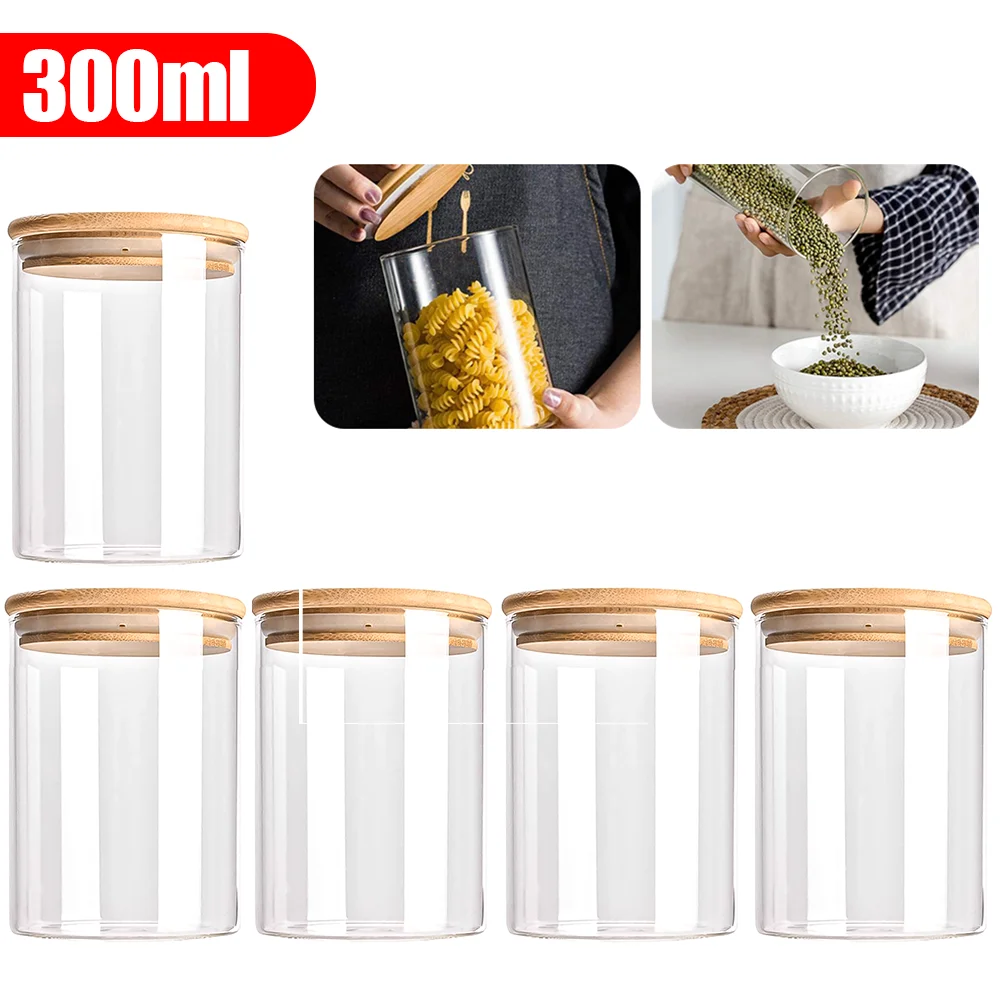 5pc 300/550/950ml Glas Lebensmittel Lagerung Container Mit Holz Deckel Küche Versiegelt Glas Lebensmittel Lagerung mehrkorn Tank Flasche