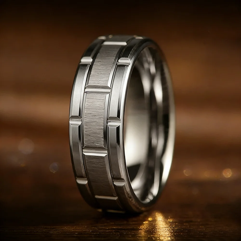 Moderne 8MM Herrenringe aus Edelstahl für Damen, goldfarben, gebürstet, mit Doppelrillenmuster, Herrenringe, Hochzeitsschmuck, Geschenk – Detail 8