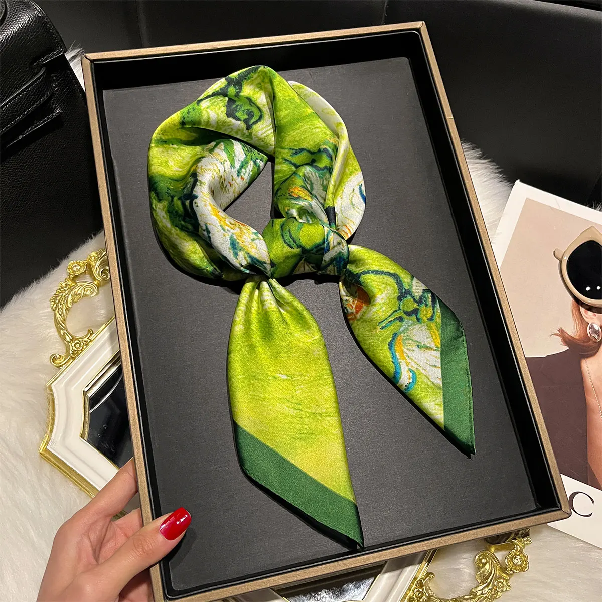 2025 Luxury Silk Shawl Square Scarf For Women Satin Fashion Wraps Neckerchief Female Hair Bands Ribbon Headband Bandana 70X70CM