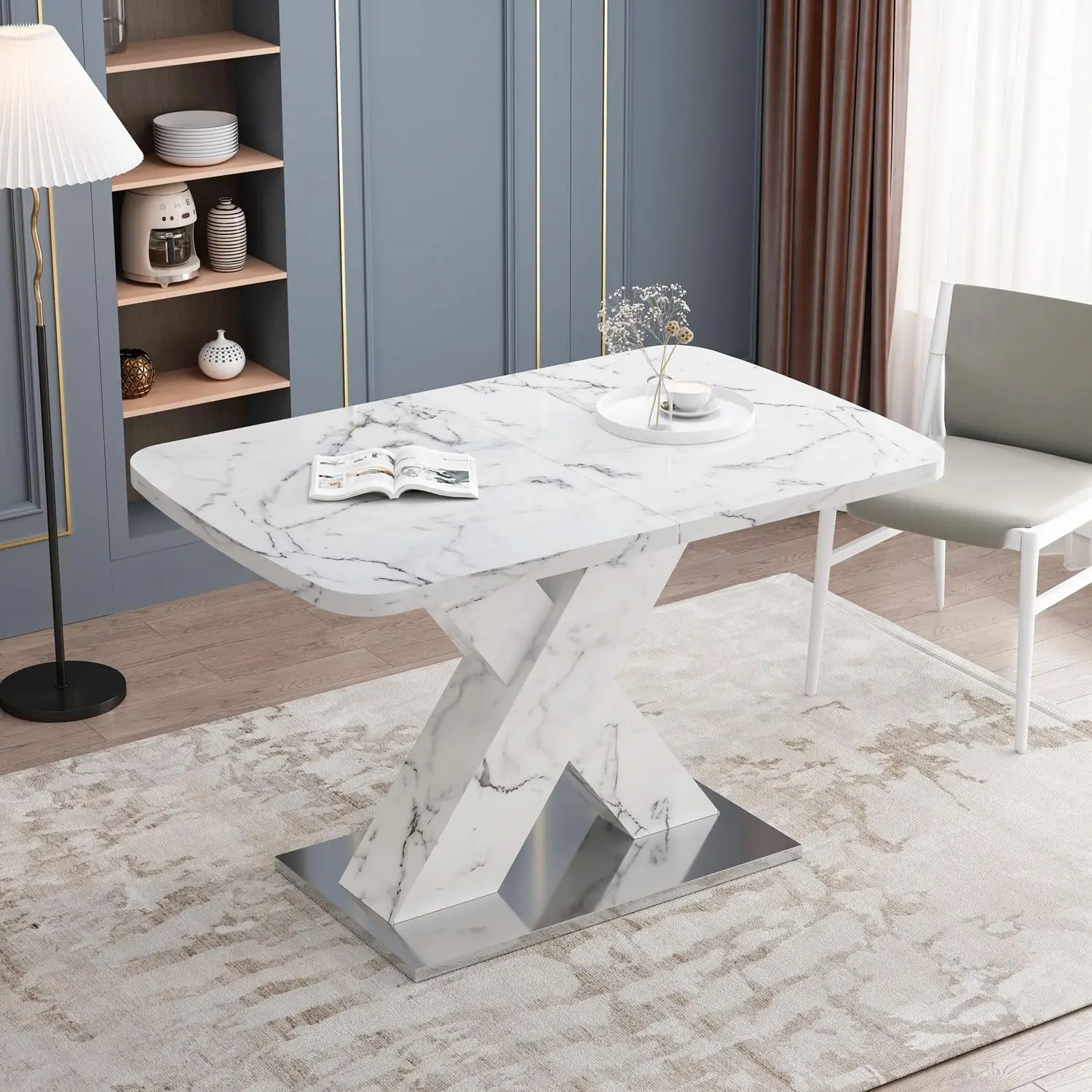 Modern Printed Marble Top Dining Table, Expandable Dining Table with Faux Marble Top and Crossed Pedestal Base for 4-6 (White)