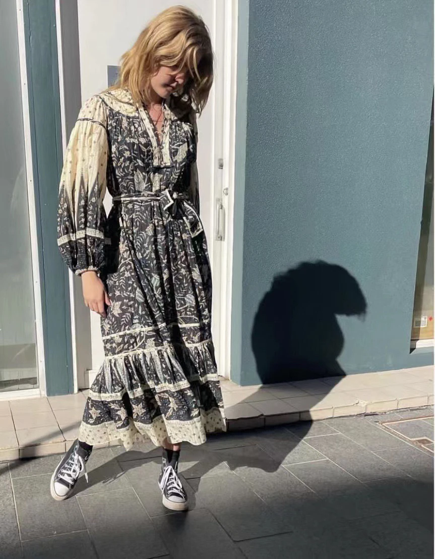 

Women Floral Printed Waist Sashes Patchwork Long Sleeve Bohemian Midi Dress
