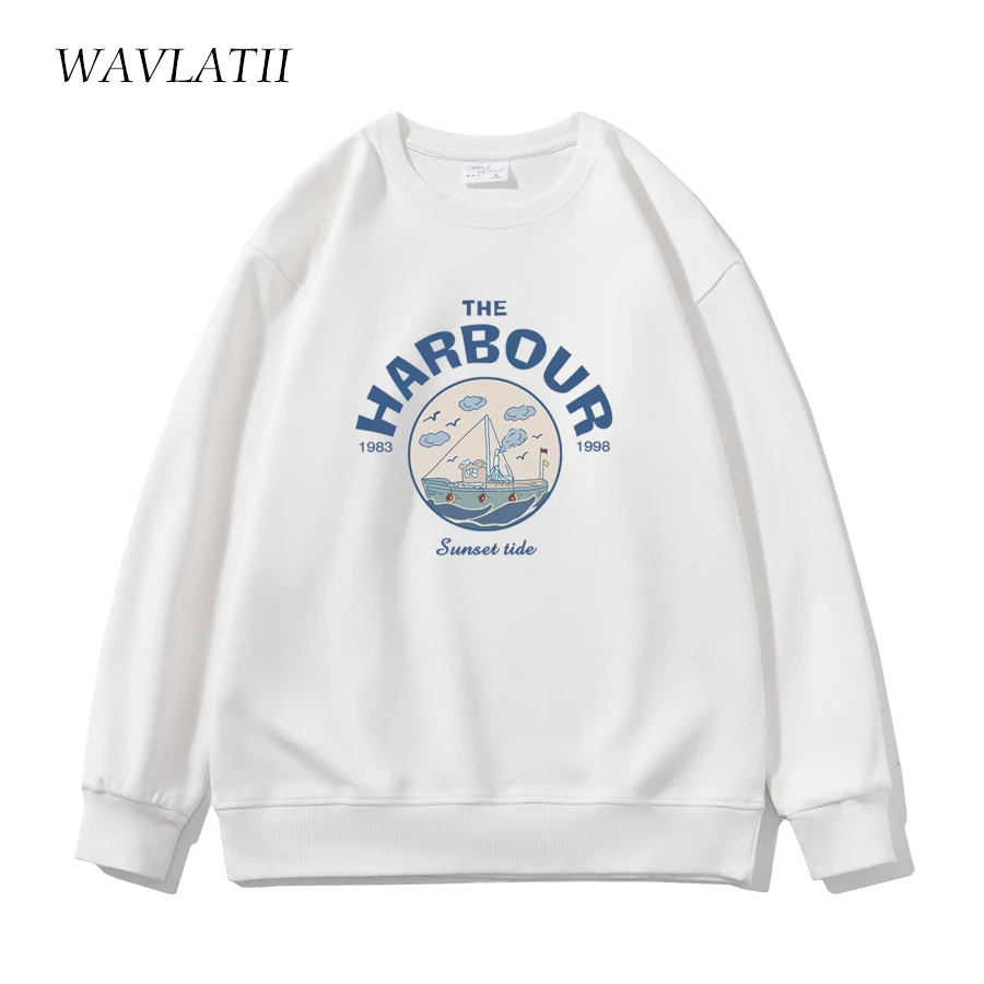 WAVLATII New Women Blue Oversized Sweatshirts Female White Soft Casual Hoodies Lady Khaki Korean Style Print Tops WH2228