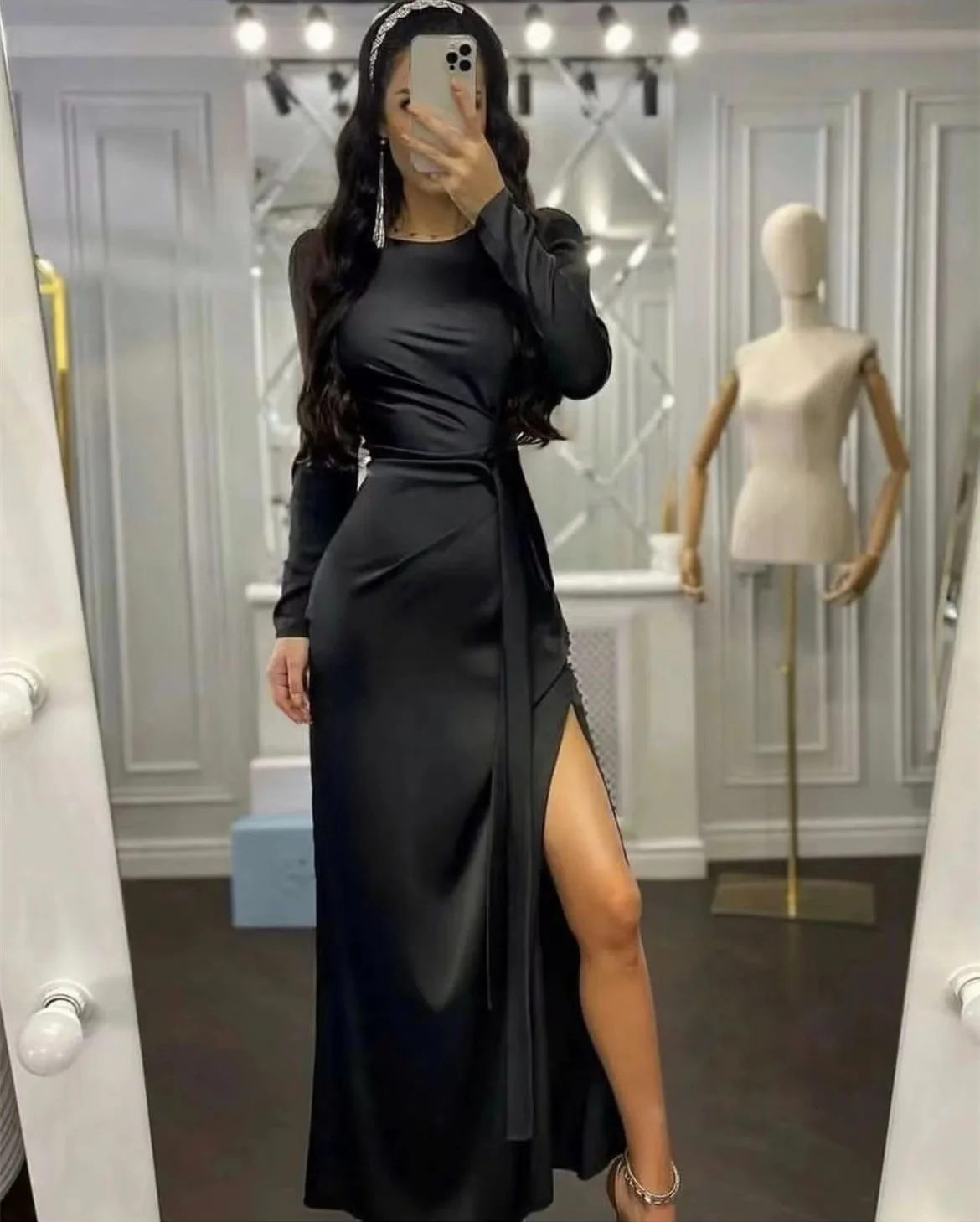 

Zoctuo Satin Prom Dresses 2023 Elegant Puff Sleeve Lace Up Slim Vestidos Split High Waist Evening Dress Lady Club Evening Party