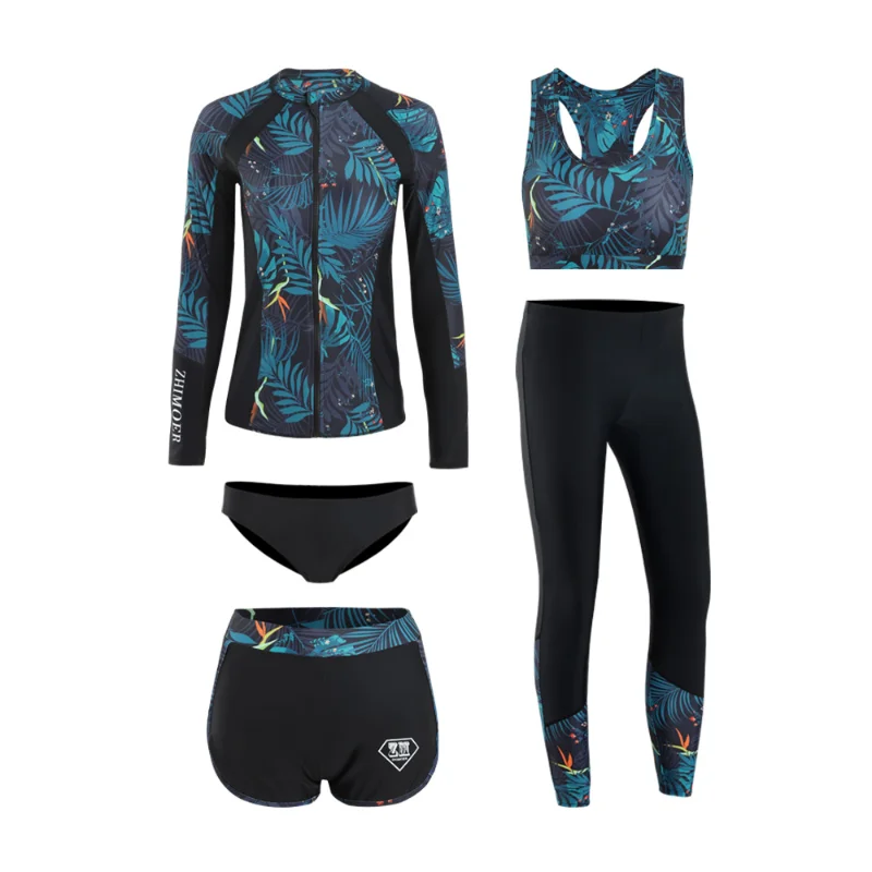 Long Sleeve Rash Guard Women 5 Pieces Swimsuit Surfing Pad Long Pant Couples Men 3 Piece Couple Zipper Swimwear Bathing Suits