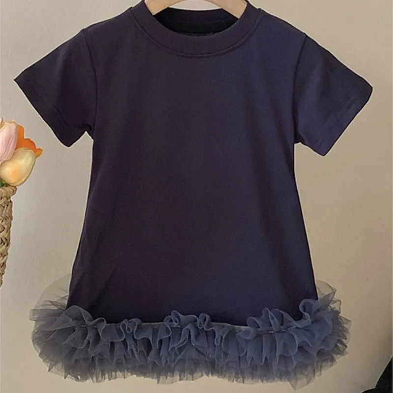 Baby Girl Tshirt Dress Mesh Bottom Summer Infant Toddler Girl Long Tshirt Vestido Short Sleeve Casual Baby Clothes 1-10Y girls dress kids clothes