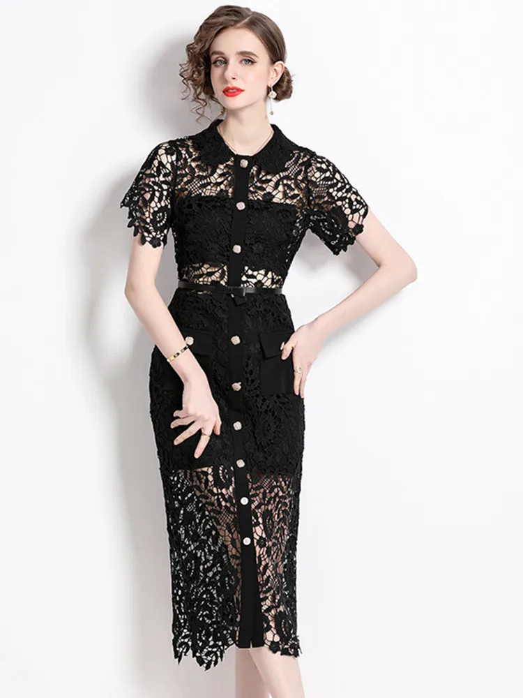 

Runway Design Temperament Black Lace Bodycon Dress for Women Sexy Hollow Out Short Sleeve Lapel Mid-Length Summer Dress