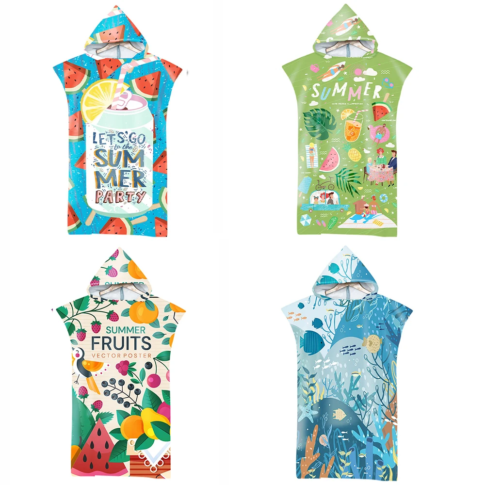 

Настраиваемое летнее пляжное полотенце из микрофибры с капюшоном и морским узором, пляжный халат для взрослых и детей, плащ для серфинга, пончо для дайвинга