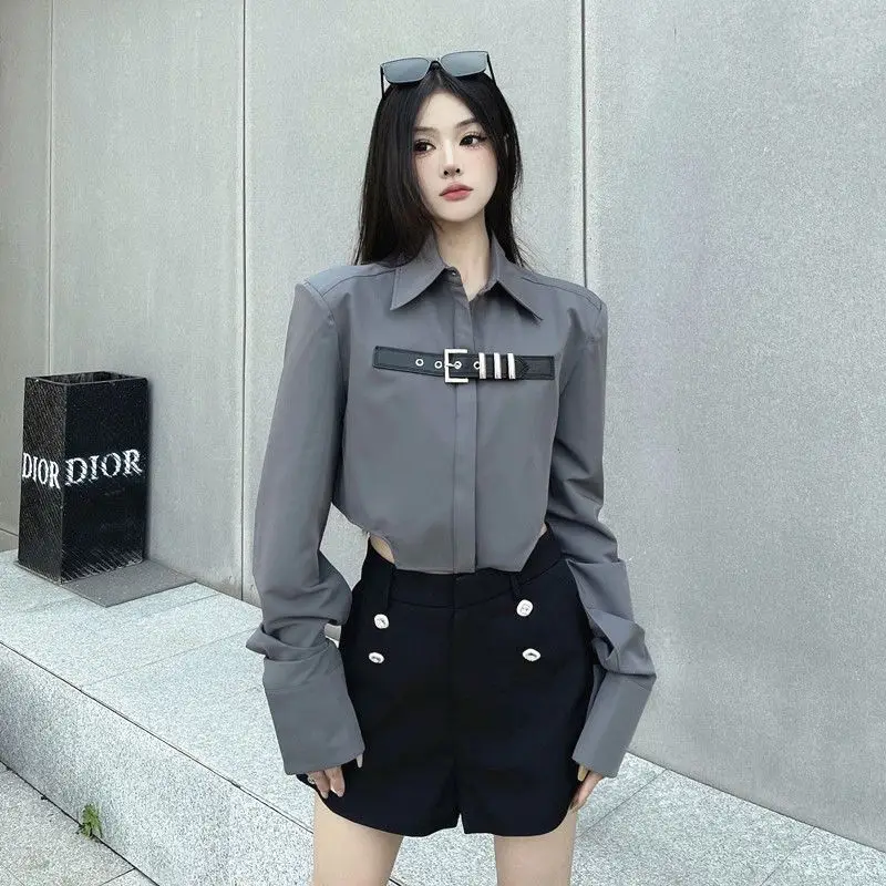 Turn Down Collar Y2k Aesthetic Women Blouse Chain Patchwork Fashion Harajuku Blusas Long Sleeve Solid Elegant Cropped Shirt