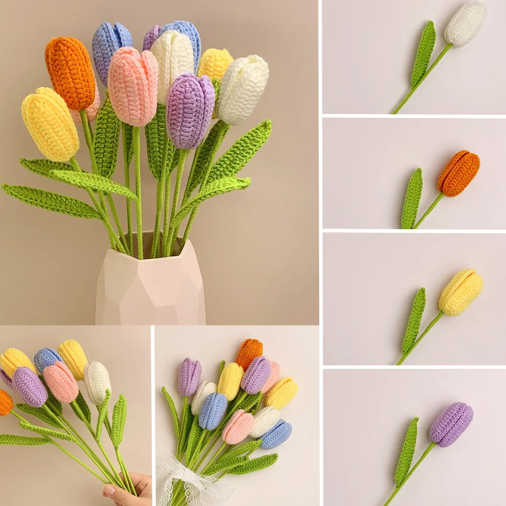 

1pc Knit Flower Tulips Fake Flowers Bouquet Wedding Decoration Hand-Woven Artificial Flower Home Table Decorate Knitting Bouquet