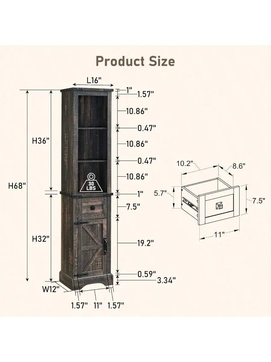 OKD Farmhouse Storage Cabinet with Adjustable Shelves and Storage Drawer Tall Linen Tower for Bathroom and Living Room D 2