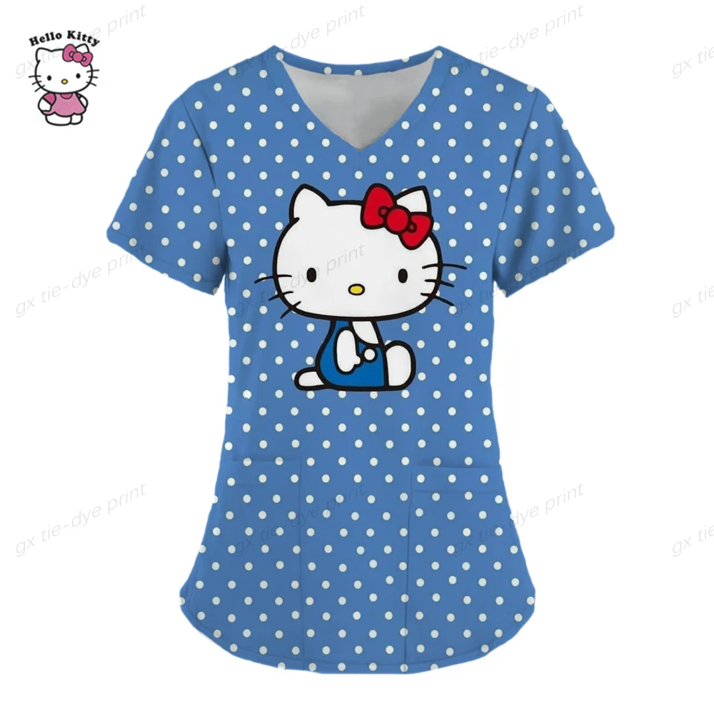 thumbnail image 1 of Camisetas de verano, tops de bolsillo, uniforme de enfermera, Hello Kitty, ropa de mujer con cuello en V, camiseta de hospital, camisetas para mujer 2023, camisetas para mujer, 1 of 5
