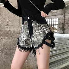 

Dark Gothic Black Rivet Denim Shorts for Women Ripped Tassel High Waist Short Jeans Pants Y2K E-girl Punk Hip Hop Streetwear