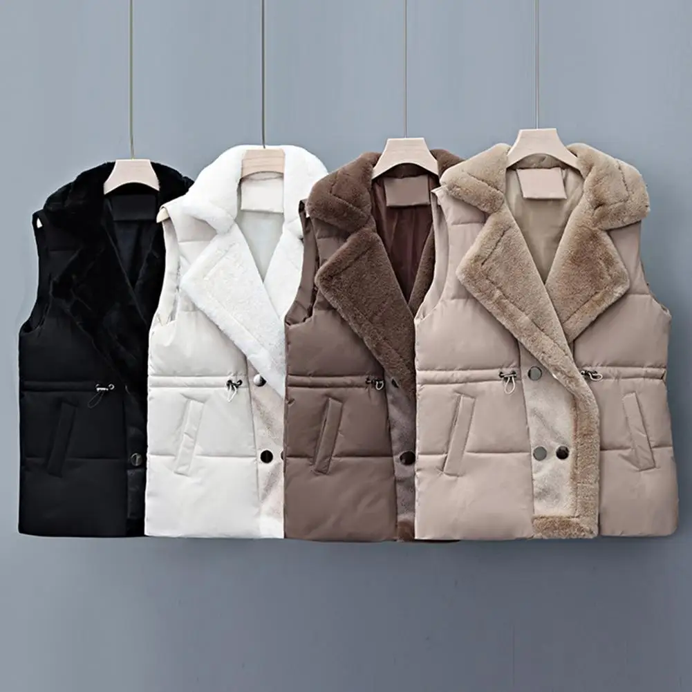 Winter Cotton Fur Integrated Down Vest Womens Puffer Vest Stand Collar Button Down Padded Jacket with Drawstring Waistcoat 4