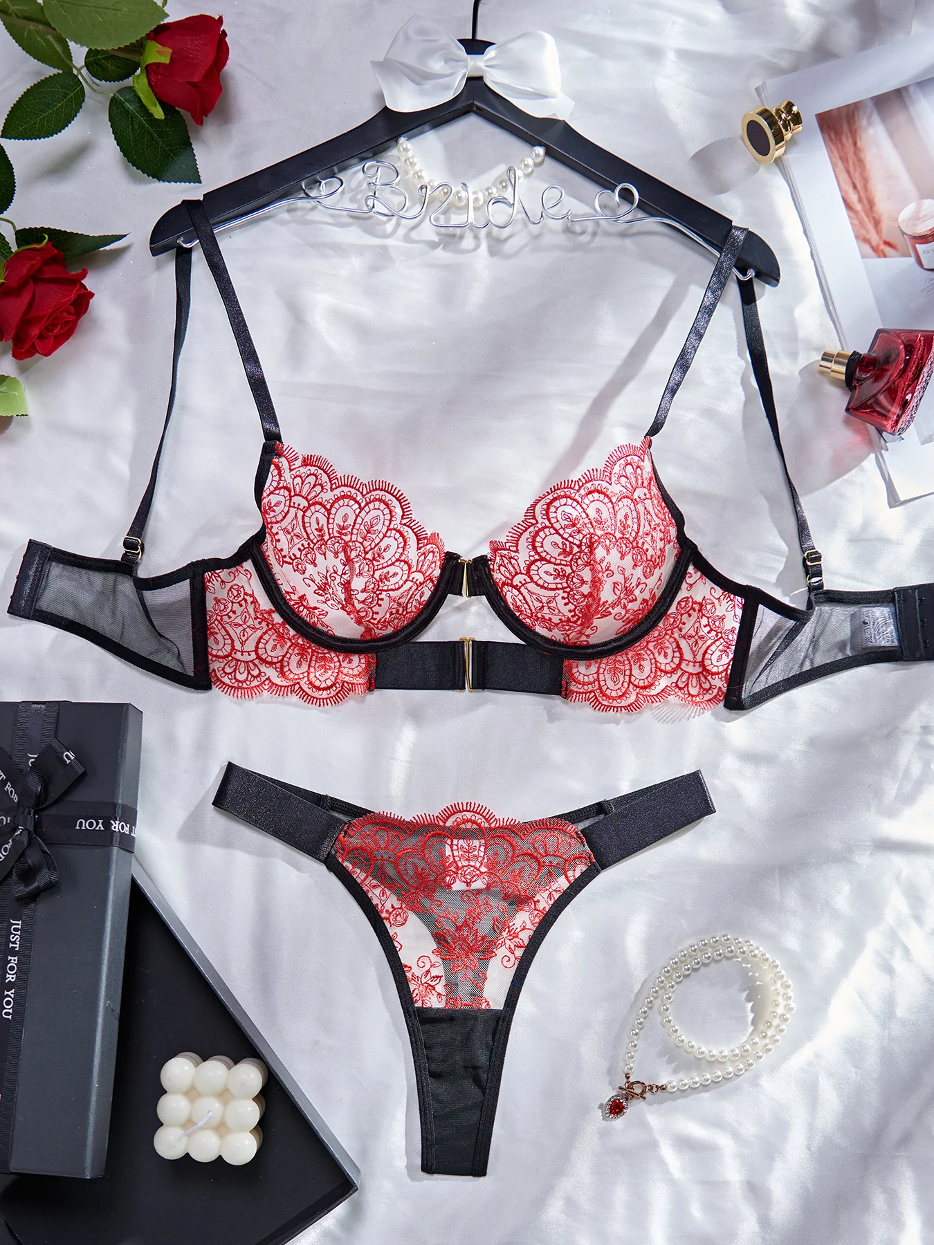 MUZISKAT 2024 Hot New Fashion Embroidery Splicing Mesh Sexy Colour Collision See-Through Erotic Lingerie Two Sets Onlyfans