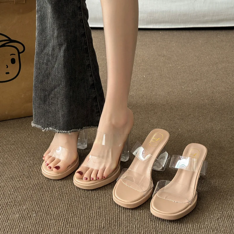 

Шлепанцы женские на квадратном каблуке, блестящие туфли без задника, прозрачная обувь на лето