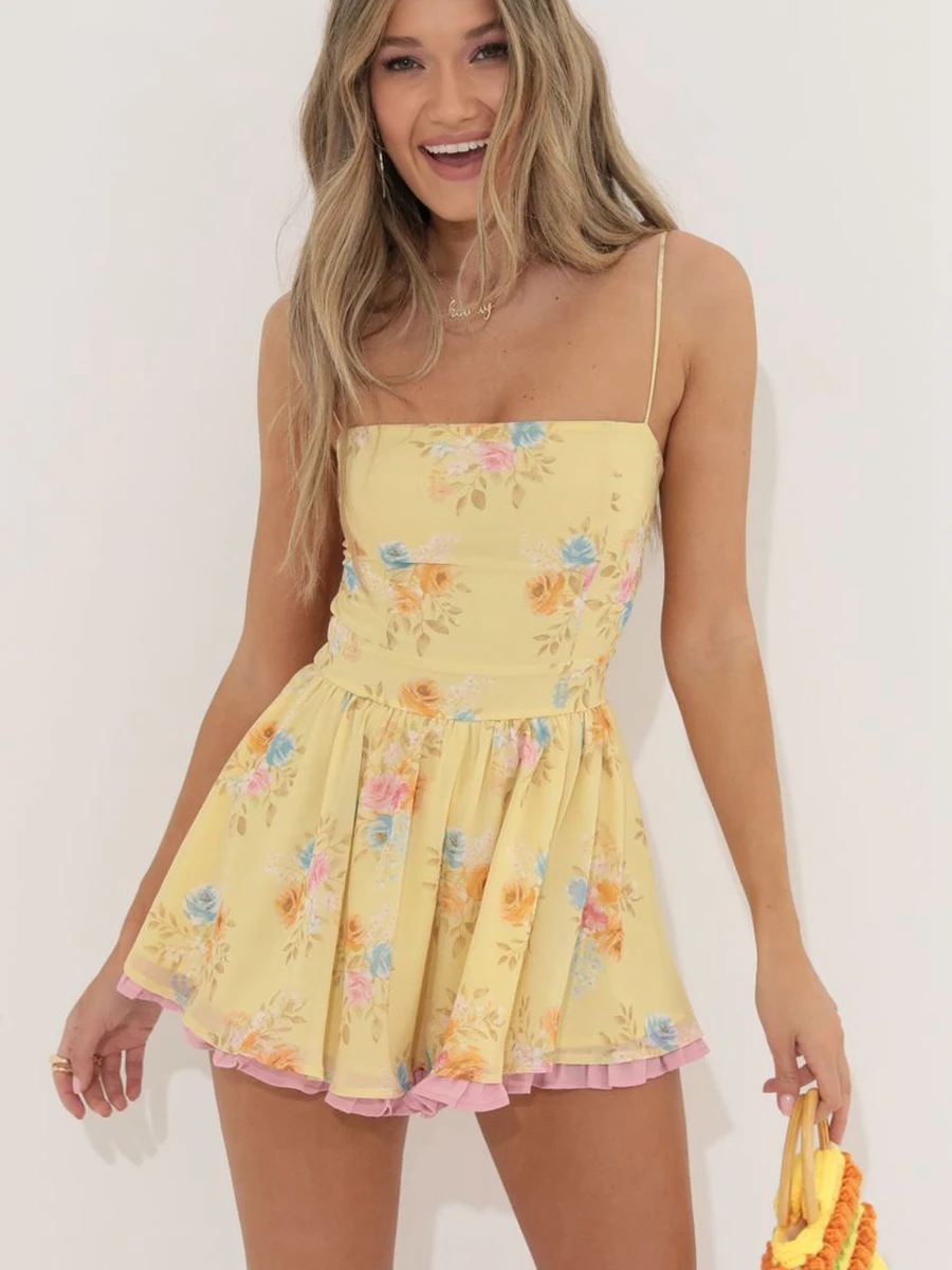 

Combhasaki Women's Summer High Waist Chic A-line Dress Flower/Plaid Print Sleeveless Backless Fashion Party Cami Short Sundress