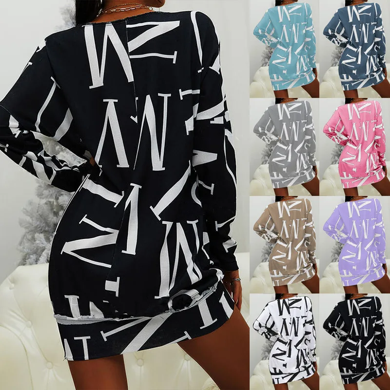 

Spring and Autumn New Women's Long Sleeve Letter Printing Round Neck Casual Loose Dress Female and Lady Casual Party Dresses