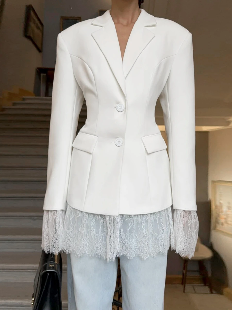 Bornladies 2026 Women's Autumn Winter New Black Blazer Design Sense Lace Paneled European & American Office Wear Long Sleeve Top