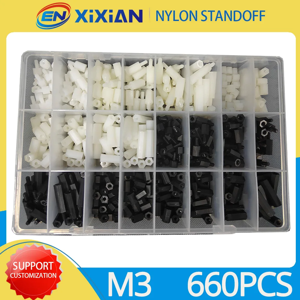 Espaçador de Impasse Branco Preto Náilon Plástico Rosqueado Espaçador Pcb Montagem Placa-mãe Fêmea Macho Ficar Fora Jogo Sortimento 660 Peças m3