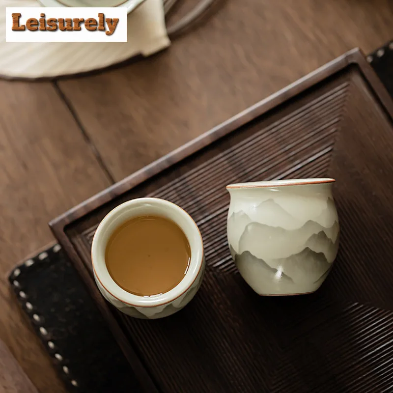 2pc/lot Mountain Flower Ru Kiln Porcelain Egg Shaped Teacup Creative Tea Bowl Cup Tea Meditation Cup Jianzhan Tea Ceremony 90ML