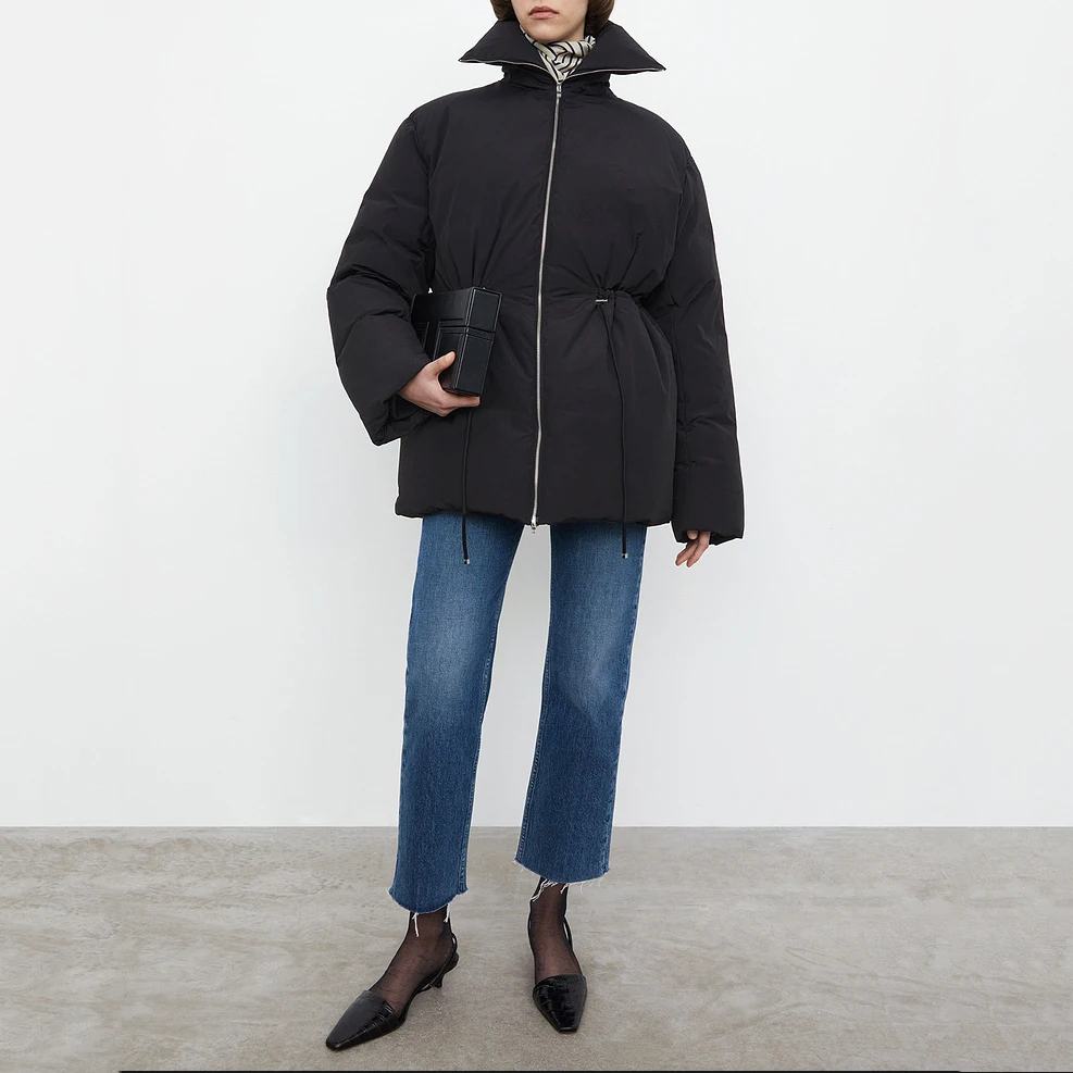 

Senior simple black drawstring waist standing collar down jacket women winter long thickening warm white goose down jacket