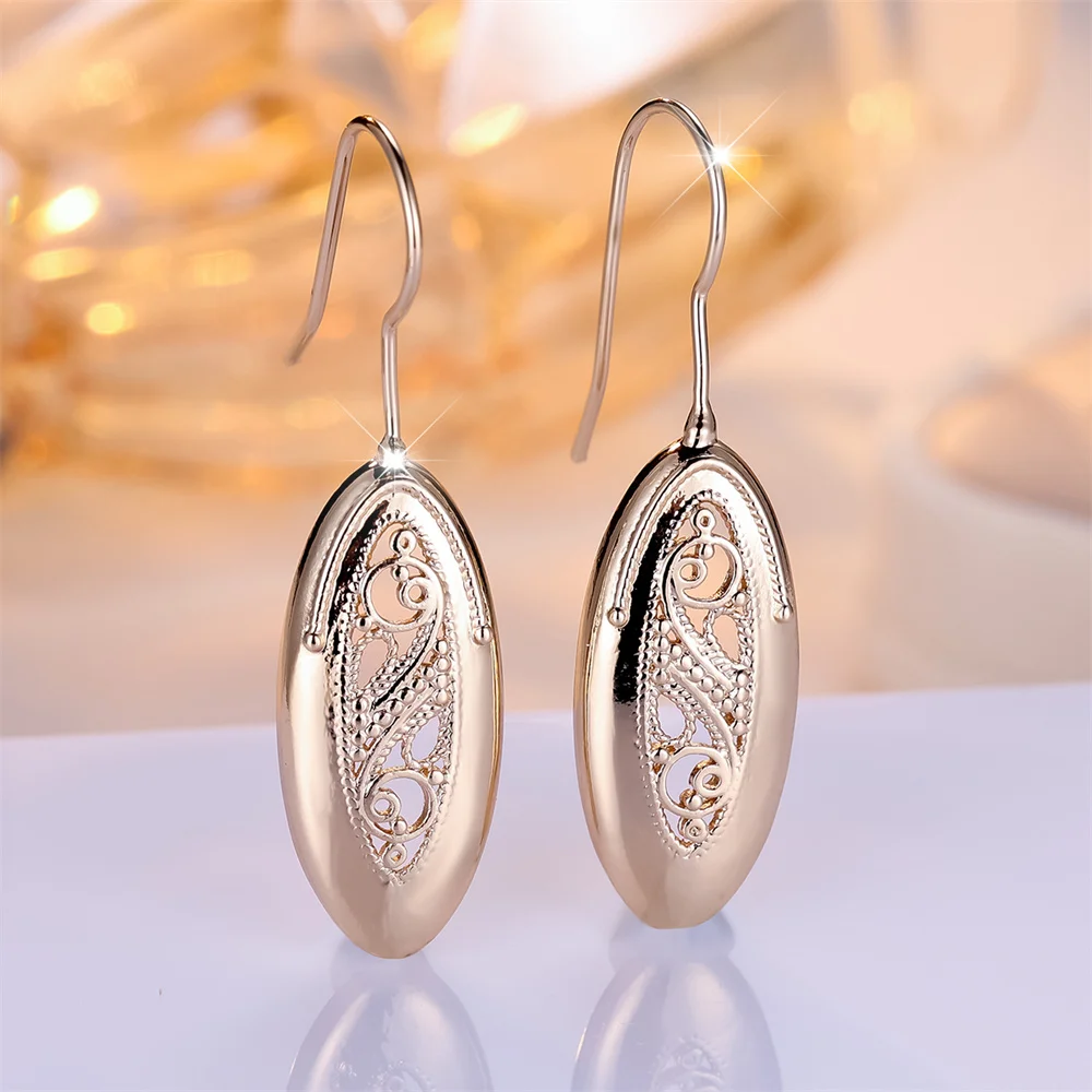 Antique Metal Hollow Flower Pattern Oval Drop Earrings For Women Vintage Gold Color Dangle Earrings Bridal Wedding Jewelry Gifts