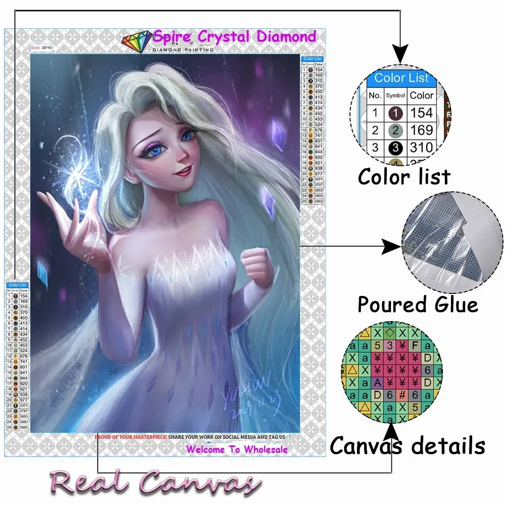 Disney Princess AB Diamond Painting Kit, Broderie, Anna, Elsa, Film, Frozen, Image, Point de croix, Mosaïque, Décoration d'intérieur, Cadeau pour enfants