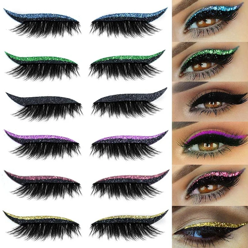 Reusable Eyeliner and Eyelash Stickers I Makeup Stickers Instant Outline Quick Application 8 Pairs Colorful Glitter Eyelid Tape Makeup Thick Fake Eyelashes No Glue Needed Easy to Clean&Flexible 