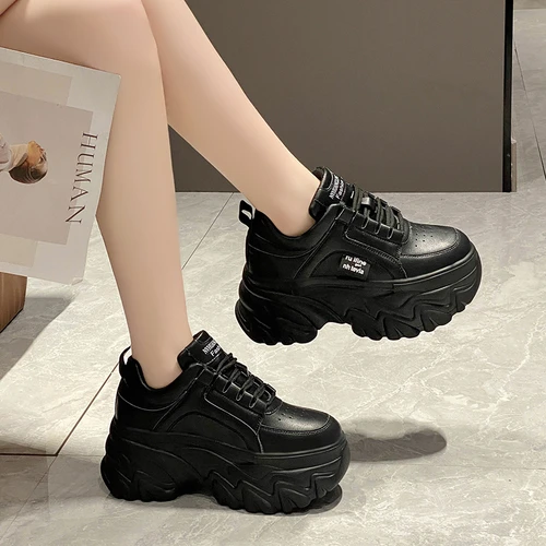 Rimocy 여성용 청키 플랫폼 스니커즈, 두꺼운 바닥, 숙녀용 아빠 신발, PU 가죽 패션, 화이트 블랙, 봄 가을 4