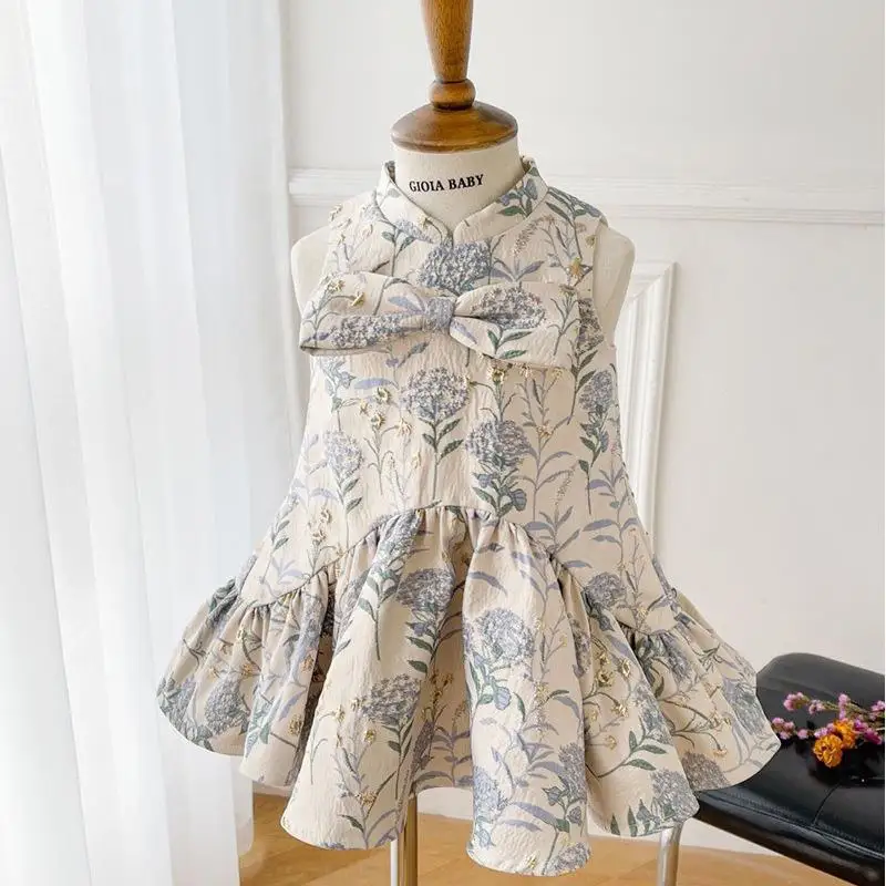 

Children's Princess Vintage Gown Bow Print Design Wedding Birthday Baptism Party Clothes Girls Easter Eid Dresses