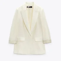 PB&ZA2023 Autumn New Multicolor Fashion Women's Printed Sleeves Curly Linen Button Free Lapel Open Blazer 2