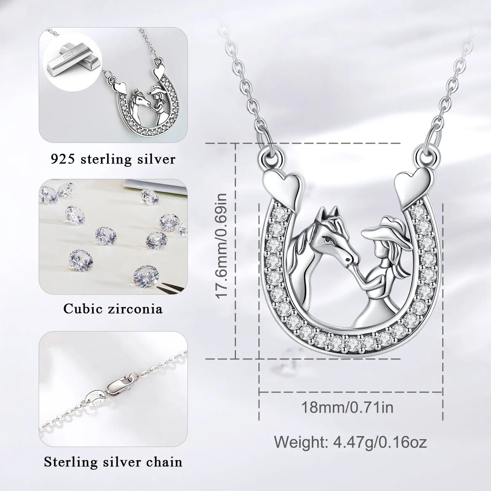 Eudora 925 Sterling Silver Horseshoe Zircon Necklace Temperament Horse And Girl Pendant Animal Jewelry Fine Women Gift
