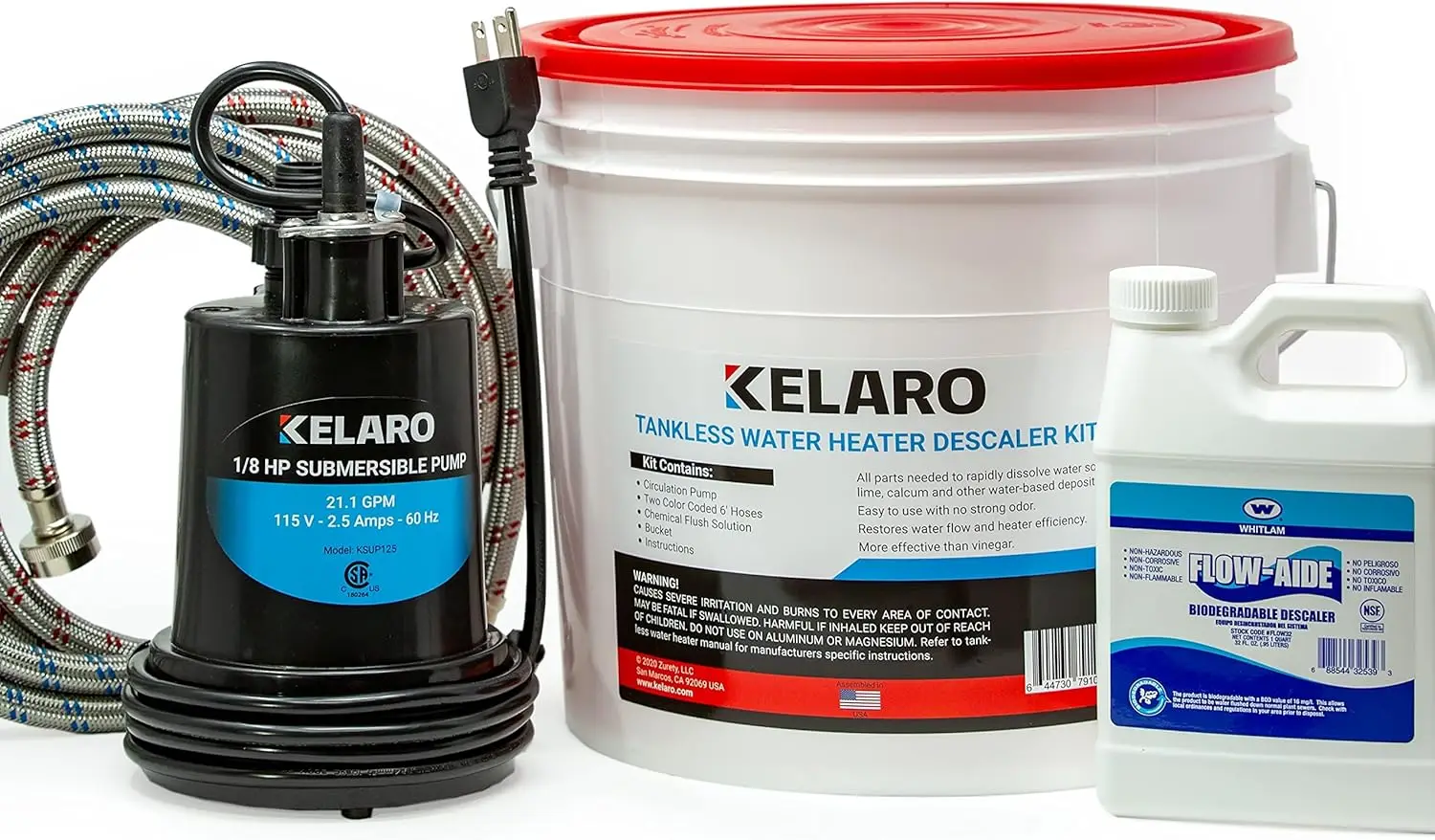 Tankless Water Heater Flushing Kit with Flow-Aide Biodegradable Descaler 6 Ft Stainless Steel Color Coded Hoses