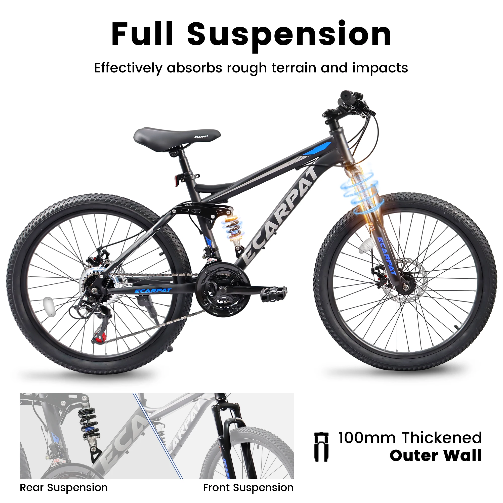 Ecarpat Dual Full Suspension Mountain Bike 24/26/27.5 Inch 21-Speed Disc Bicycles Teenagers Boy Girl Mens Women